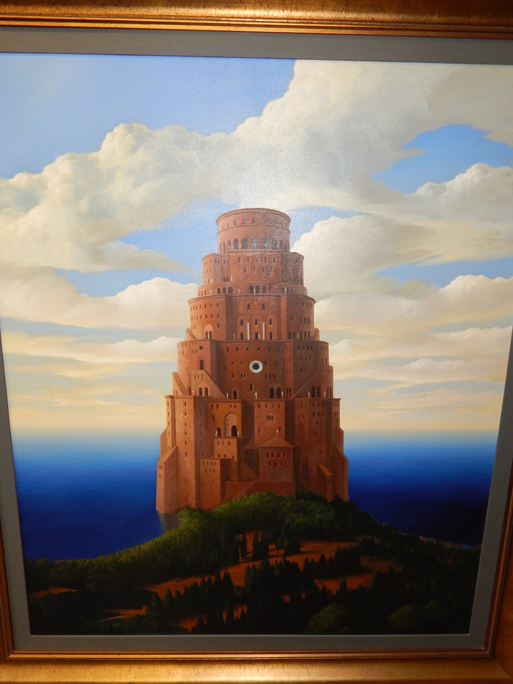 20th century school, Fantasy Landscape, Tower with Sea Beyond, oil on canvas, 120 x 98cm.