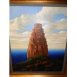 20th century school, Fantasy Landscape, Tower with Sea Beyond, oil on canvas, 120 x 98cm.