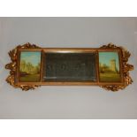 A gilt framed wall mirror, the central rectangular plate flanked by landscape panels, W. 87cm.