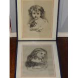 A pencil drawing heightened in white depicting infant with cat, signed to reverse Daisy Haswell