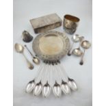 A small quantity of silver plate including a cigarette box, selection of spoons and sundry items, (