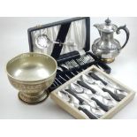 A Walker and Hall silverplated water pot together with a cased dessert set, an engraved bowl and