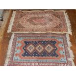 A persian kelim prayer rug, three pole medallion to centre, wihtin blue, white and red borders,