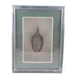 A cased framed bronze Utong bronze Buddha head, H. 42cm, W. 33cm