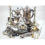 A 19th century Sheffield plate coffee pot with gadrooned rims, a pair of later silver plated