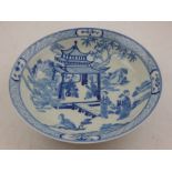 A Chinese Yongzheng style blue and white dish, decorated with women in a pagoda, bears seal mark