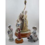 A Lladro porcelain figurine, girl with floral bouquet H. 24cm, one other girl herding turkeys, a