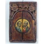 A 17th century style triptych icon, hinged doors opening to reveal nativity scene with Jesus in