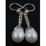 A pair of 18ct white gold pearl and rose cut diamond drop earrings, diamonds of 0.38ct combined.