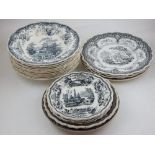 Eleven 'Swiss' deep dining plates, printed with landscape scene to centre,