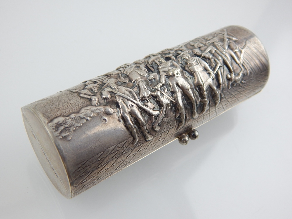 A mid 20th century Danish silver plated lipstick case, emobossed with battle scene,