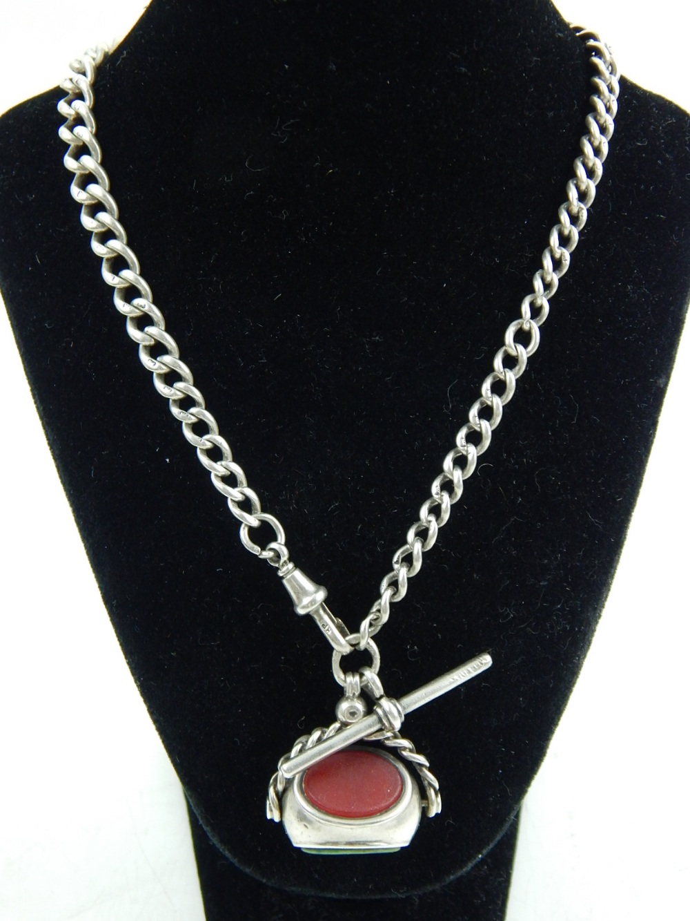 A silver and agate fob watch chain, Birmingham 1892 by Henry Pope.