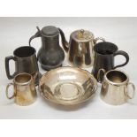 A quantity of pewter and silver plated sundries to include cups, teapots, and others.