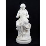 A parian figure on a young woman mending nets, seated on a stump. H. 31cm
