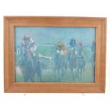 20th century school, Horse Racing, oil on canvas laid down, monogrammed 'A. B' lower right. 19 x