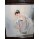 20th century school, A Ballerina Tying her Laces, oil on canvas. 60 x 49cm