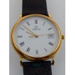 A gentleman's gold plated Omega De Ville quartz wristwatch, the white dial with Roman numerals, date