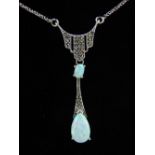 A silver, marcasite and opalite drop pendant necklace.
