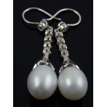A pair of 18ct white gold pearl and rose cut diamond drop earrings, diamonds of 0.38cts combined.