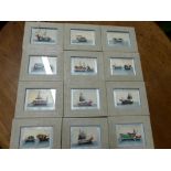 A set of twelve 19th century Chinese rice paper paintings of junks and boats, mounted in hand-