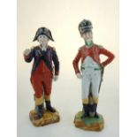 A French figure of an army officer, wearing a red tunic, H 29cm together with another similar of a