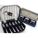 A cased silver cruet set, London indistinct date letter, cased, together with silver plated