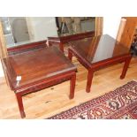 A pair of Chinese rectangular hardwood occaisional tables with geometric freizes on squared legs.