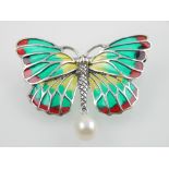 A silver plique-a-jour and pearl butterfly brooch.