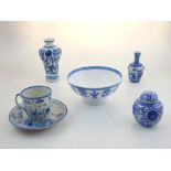 A Chinese blue and white stem bowl, decorated with Long Eliza pattern amongst flower pots,