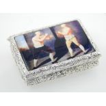 A silver plated pill box, enamelled to top depicting a boxing match.