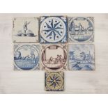 Seven 19th century Delft blue and white, manganese and polychrome pottery tiles depicting