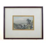A coloured etching of a mountain overlooking a lake,