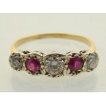A yellow gold ruby and diamond five stone ring,