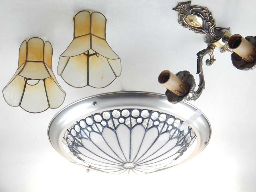 A hexagonal glazed brass hall lantern, a glass ceiling shade, a two branch brass wall light together - Image 3 of 3
