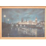 H Moss (2oth century British) houses of parliament at night from the Thames, 60 x 90cm