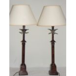 A pair of bronze table lamps, column base, raised on stepped base
