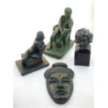 A resin head of Buddha, in the Gandharan style, together with a pottery figure of a seated man, a