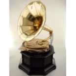 A Victorian style octagonal stained wood gramophone, with brass horn.