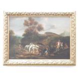 19th century Continental school, rural landscape, resting figures with horse and cart, oil on board.