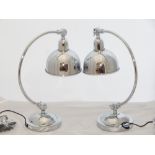 A pair of chrome table lamps with C-shaped supports and chrome shades, H. 47cm, (2).