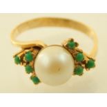 A 14ct yellow gold, turquoise and pearl ring.