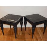 A pair of grey painted square marble top occasional tables, on gadrooned tapered baluster legs. W.