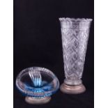 A Continental silver mounted glass vase with diamond cut body, H.