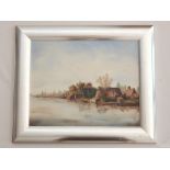 20th century school, Village by a Lake, oil on canvas, signed 'H. J.