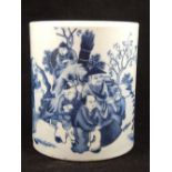 A Chinese blue and white cylindrical brush pot, decorated with peasants in a country landscape. H.