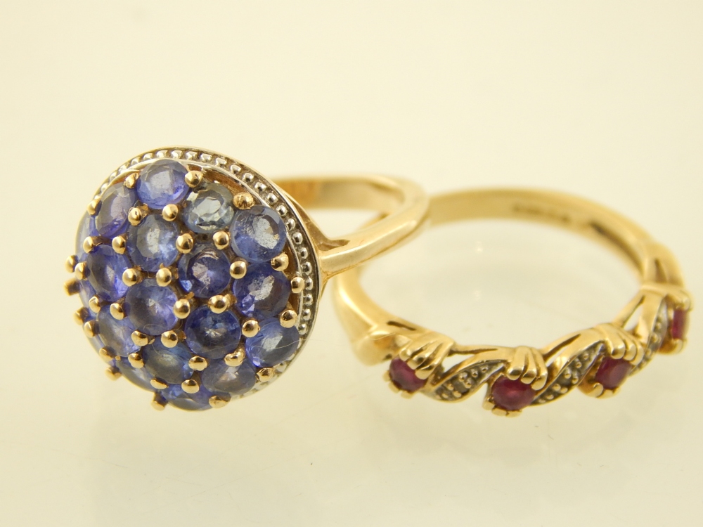 9ct yellow gold tanzanite dress ring, together with a 9ct yellow gold ruby and diamond ring.