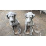 A pair of reconstituted stone garden ornaments, modelled as seated hounds. H.