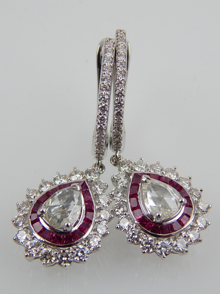 A pair of 18ct white gold, ruby and rose cut diamond drop earrings. - Image 3 of 3