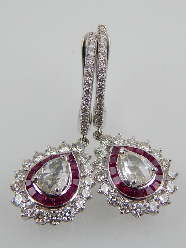 A pair of 18ct white gold, ruby and rose cut diamond drop earrings. - Image 2 of 3