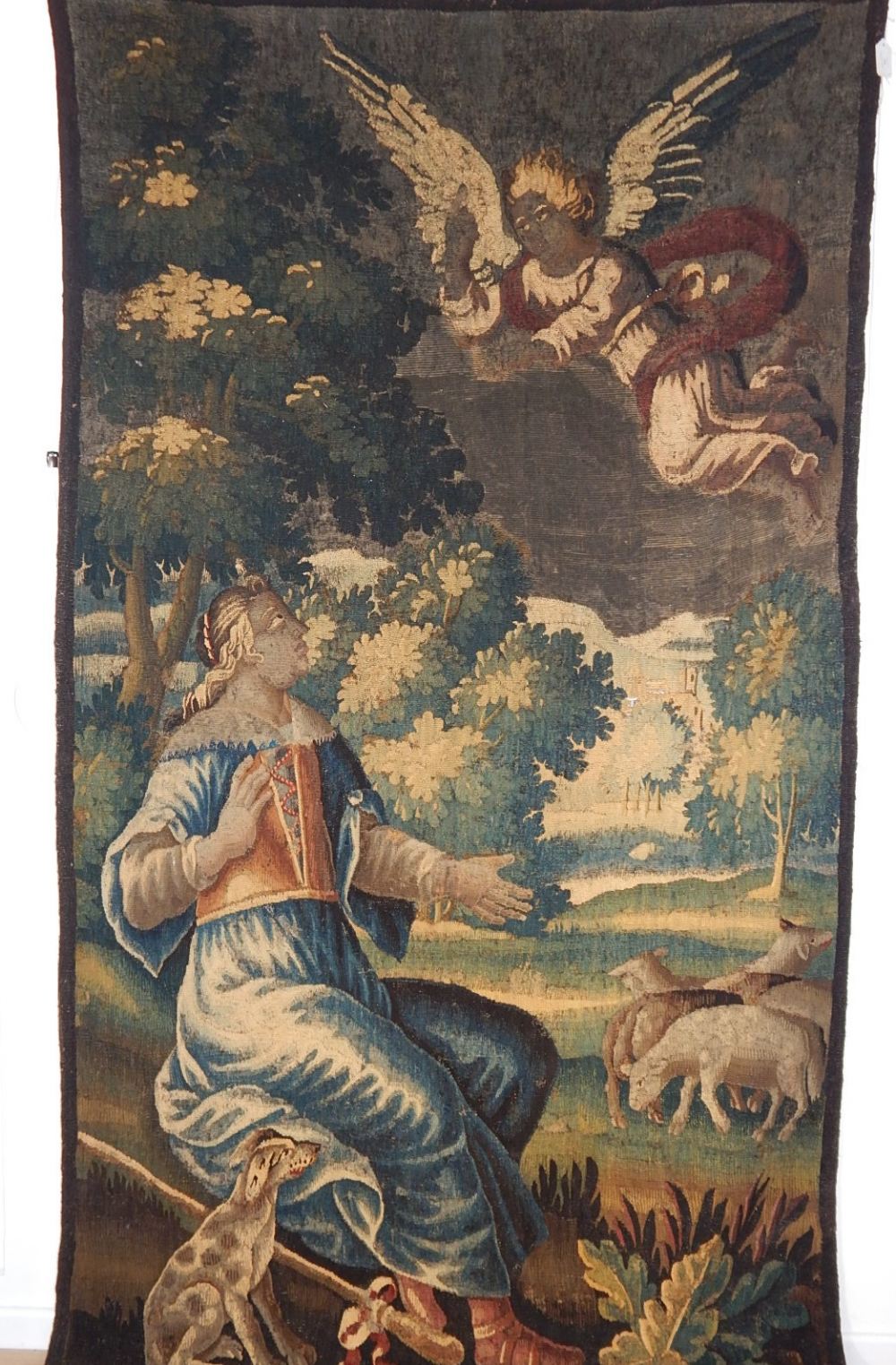 An 18th Century French wall hanging tapestry, depicting a shepherdess visited by an angel. - Image 3 of 3